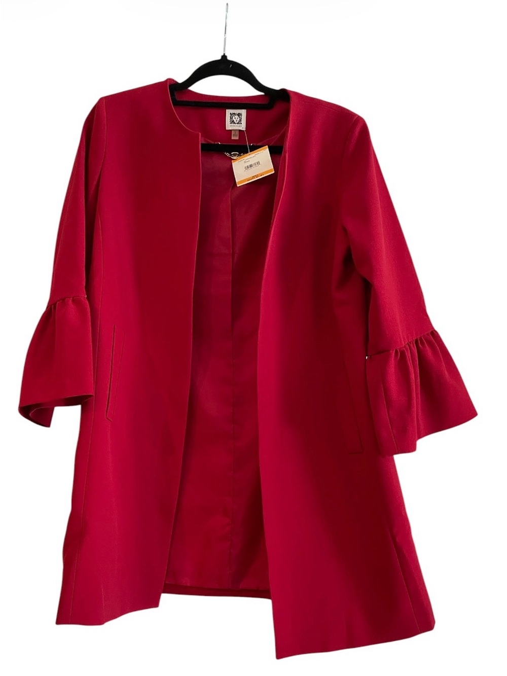 Anne Klein -Ruffle Sleeve Open Front Coat - Red